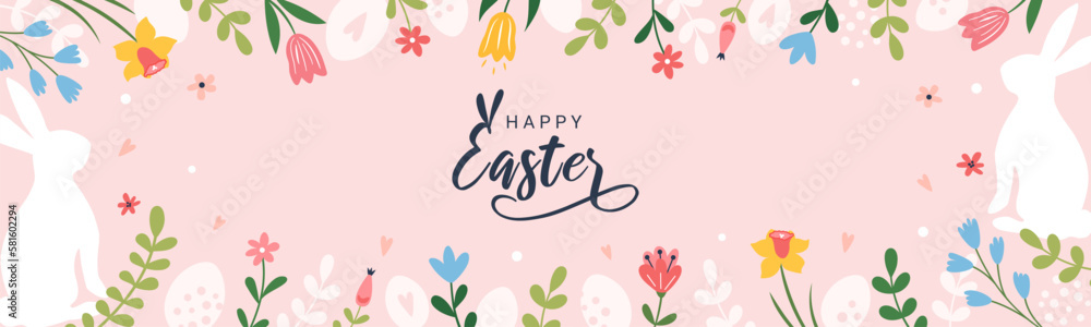 Obraz premium Happy Easter. Horizontal banner, greeting card, poster, holiday cover. Modern beautiful design with typography, flowers, easter eggs, branches. Vector festive banner.