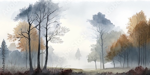 A foggy autumn morning panorama of Wendover woods depicted in a digital watercolor painting, Generative AI photo