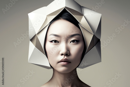 Close-up portrait of a beautiful young Asian woman with a futuristic hat - isolated, not based on a real person, Generative AI © Fantasy22