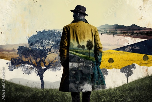 August fashion landscape artwork with man in clothes, created with Generative AI technology