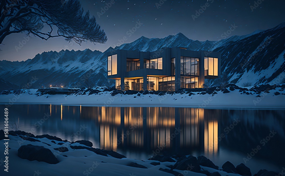 Fototapeta premium Illustration, of a design house, in landscape, of a dream, created ai