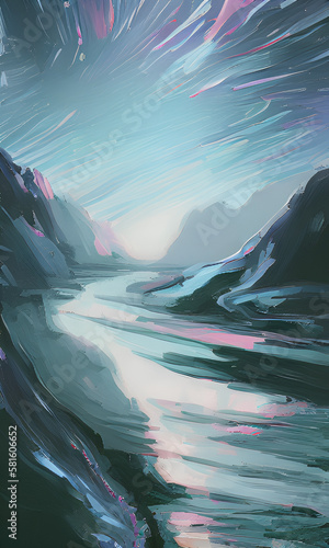 Mountain and river abstract blue oilpainting