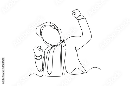 Single one line drawing happy employee clenching his fist. Employee appreciation day concept. Continuous line draw design graphic vector illustration.