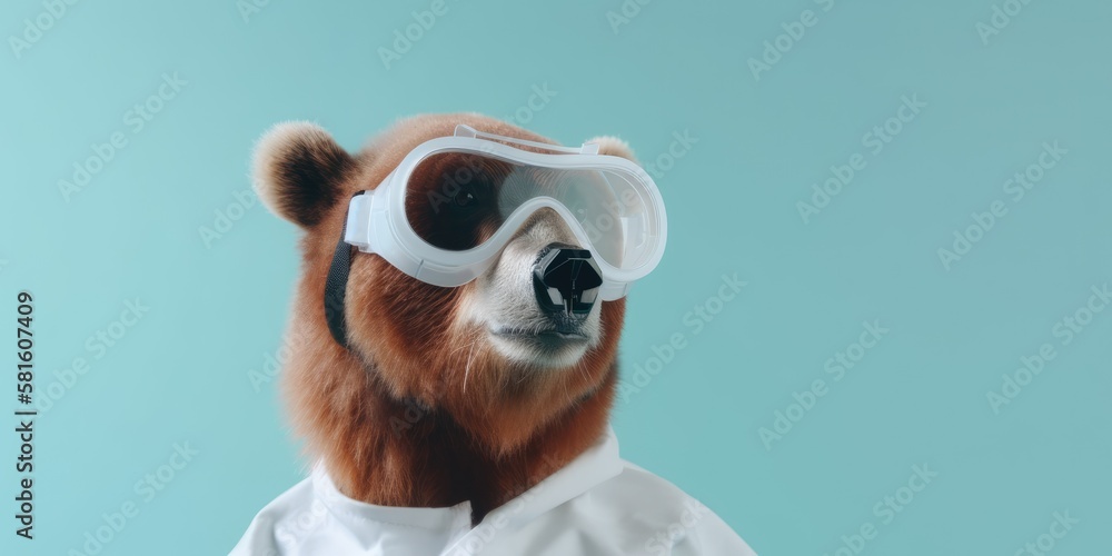 banner with empty space. A brown bear scientist wearing a white lab coat and safety goggles, standing on a light blue background, with copyspace. Generative ai.