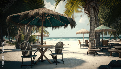 Caribbean Palm Beach With Wooden Chairs And Straw Umbrella created with generative AI technology