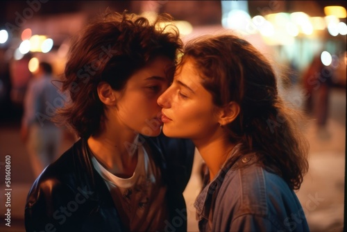 Young lesbian couple in their moment of intimacy at night in the street. This image was created with generative AI