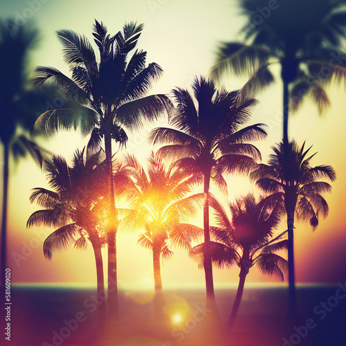 Silhouette Tropical Palm Trees At Sunset - Summer Vacation With Vintage Tone And Bokeh Lights 