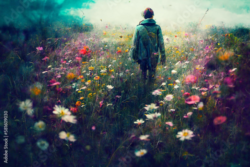 A person in a lush field of wildflowers at spring time