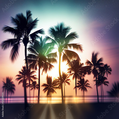 Silhouette Tropical Palm Trees At Sunset - Summer Vacation With Vintage Tone And Bokeh Lights 