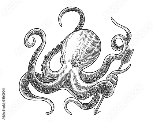 octopus with engraving drawing style. Vector vintage illustration