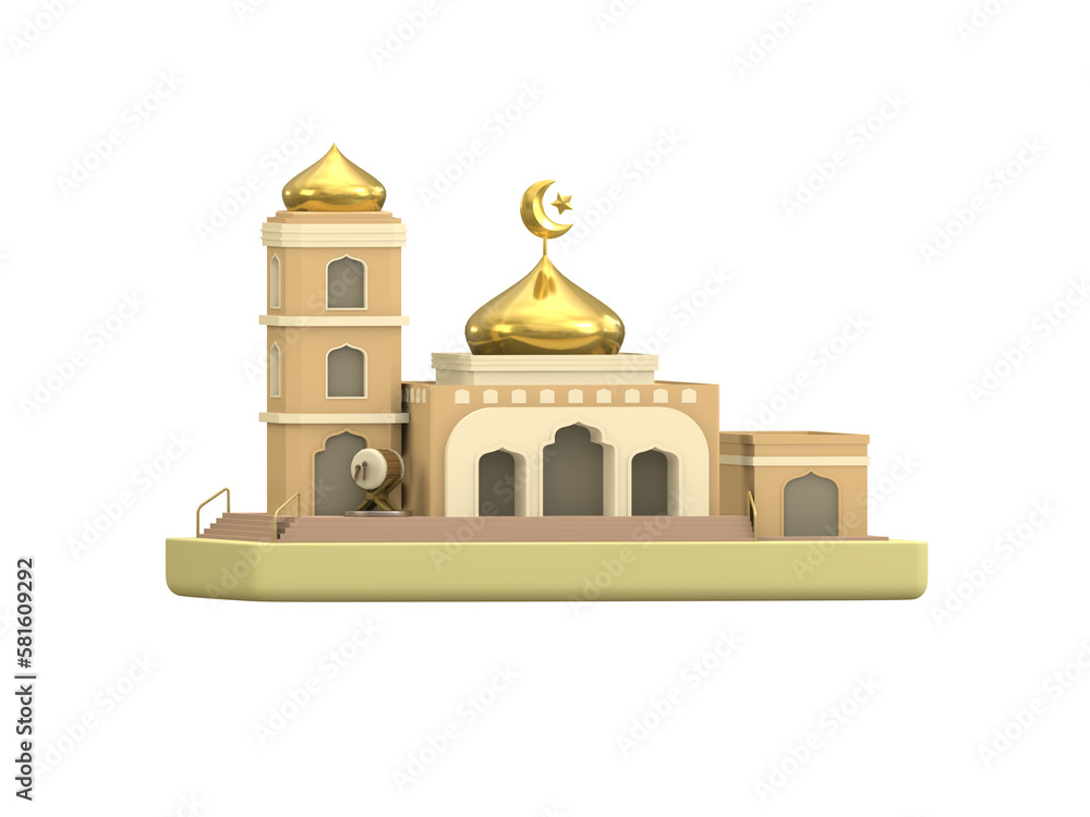 3d illustration of mosque with golden dome isolated in white background. 3d icons. 3d rendering