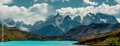 Panorama of Mirador Los Cuernos, and Turquoise Lake in Torres Del Paine, Patagonia, Chile