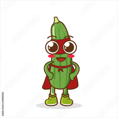 Cute happy super hero cucumber, Superhero Vegetables in a superhero costume, mask and cloak. Vector concept illustration in a flat style for a healthy eating and lifestyle.