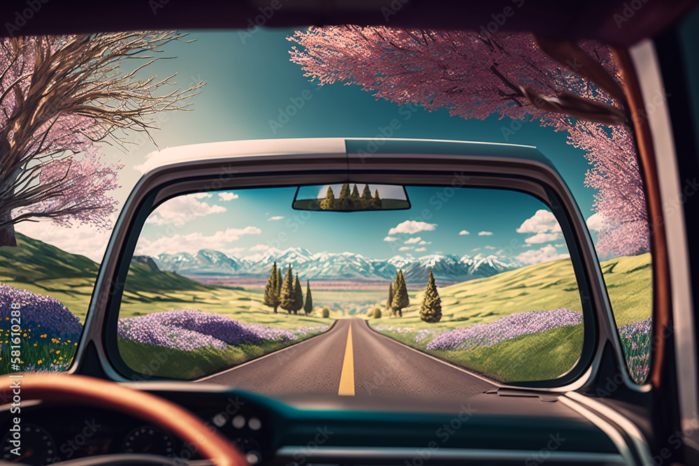 Naklejka premium Road trip in spring. View through car window. AI generated image