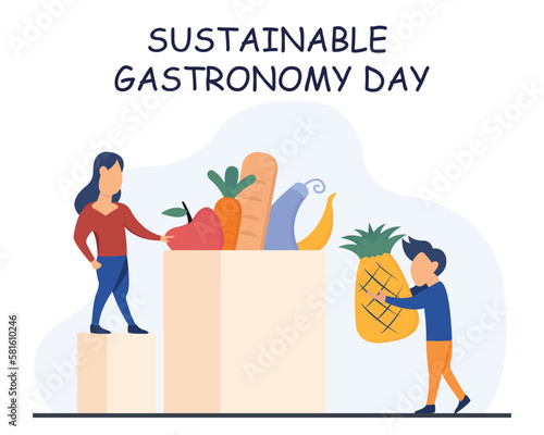 illustration vector graphic of a couple is putting groceries into a shopping bag, perfect for international day, sustainbale gastronomy day, celebrate, greeting card, etc.
