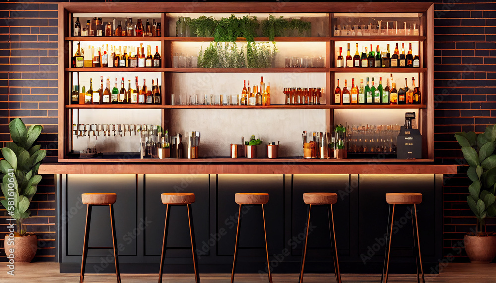 Open Wooden Bar Counter With Alcohol On Shelves Generative AI Stock 