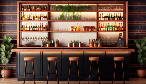 Open wooden bar counter with alcohol on shelves Generative AI photo