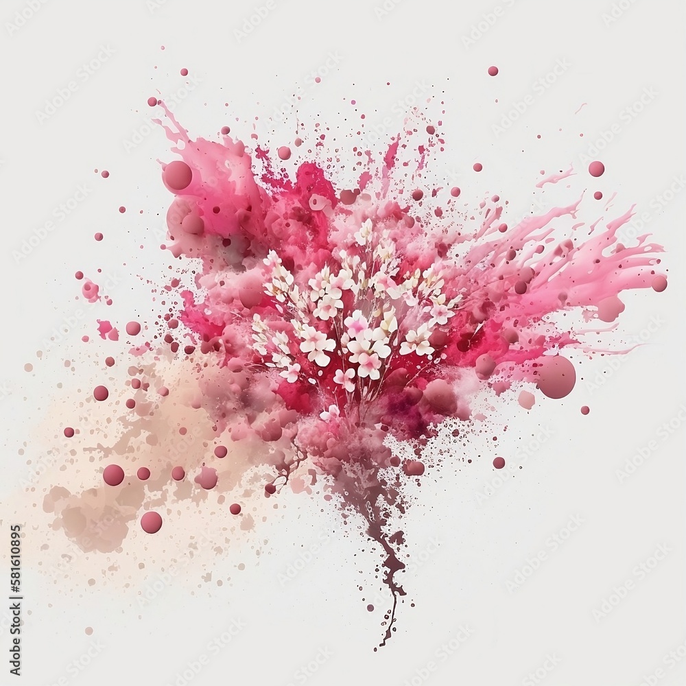 Sakura in splashes of colors. Blossoming cherry on a dark background. Japanese tree. Generative AI.