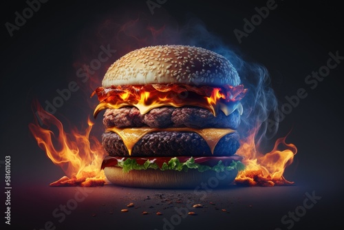 Tasty grilled burger with beef, cheese, baked vegetables and fruits, onion jam, sauces explosion Generative AI