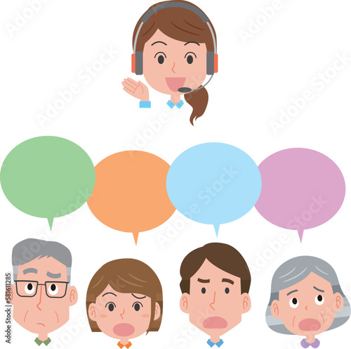 疑問を持つ人々とコールセンタースタッフ