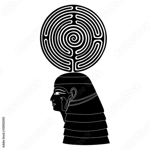 Head of ancient Egyptian queen woman or goddess holding a round spiral maze or labyrinth symbol. Religious mythological concept. Black and white silhouette.