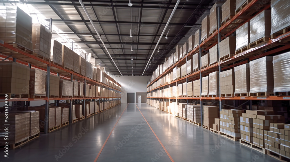 A Large, Long, Modern Warehouse Filled with Boxes, Generative AI A Large, Long, Modern Warehouse Filled with Boxes, Generative AI