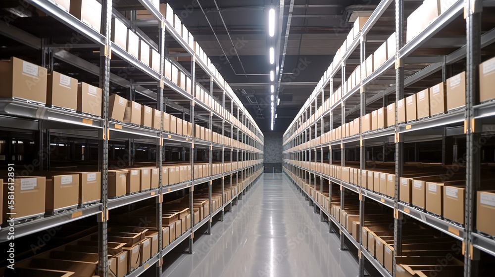 A Large Modern Warehouse Packed with Rows of Cardboard Boxes, Generative AI A Large Modern Warehouse Packed with Rows of Cardboard Boxes, Generative AI