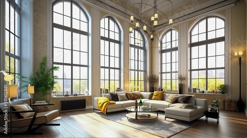 Light and Airy, A Beautiful Modern Living Room with Large Windows, Generative AI © BPawesome