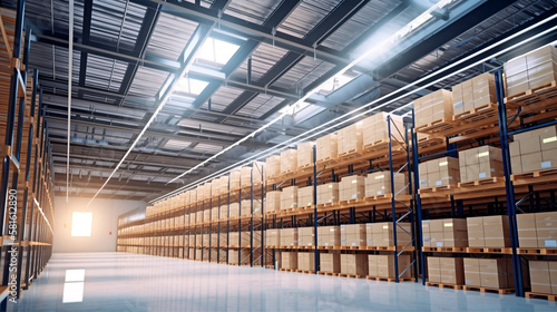 The Art of Logistics, A Clean, Efficient Warehouse Filled with Cardboard Boxes, Generative AI