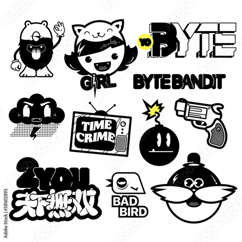 Cyberpunk decals set. Set of vector illustrations,  stickers and labels in futuristic style. Japanese hieroglyphs for matchless.