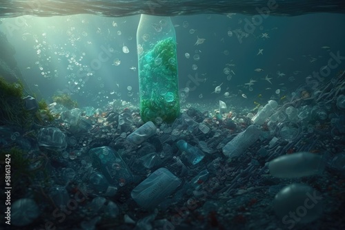 Plastic bottles and plastic parts float underwater in the ocean and pollute the sea - 3d illustration Generative AI