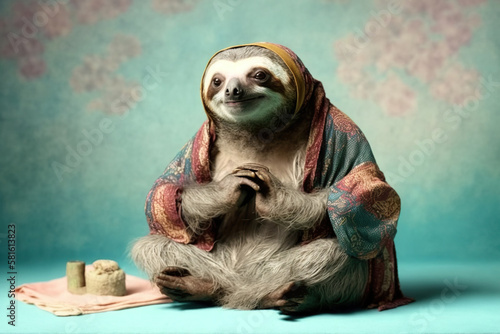 sloth in boho clothes doing yoga, created with Generative AI technology