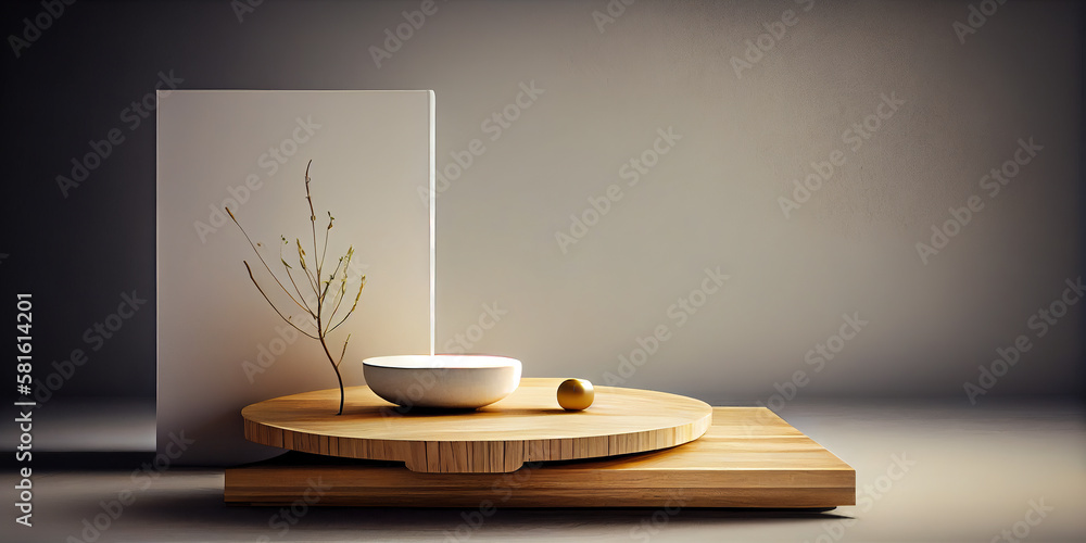 Empty wooden table top with Japanese style on the left side for product display with blurred bathroom interior background. Generative AI Empty wooden table top with Japanese style on the left side for product display with blurred bathroom interior background. Generative AI