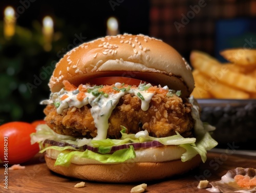 delicious fish burger with a golden, crispy panko-breaded fish fillet, lettuce, tomato, and red onion, topped with a generous dollop of creamy homemade tartar sauce. Generative AI