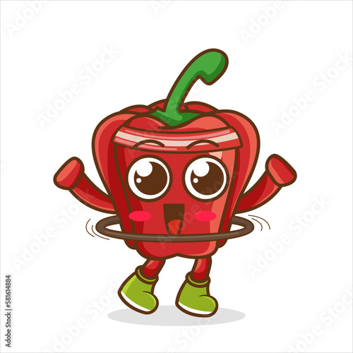 cute red bell pepper cartoon is playing hula hoop. red bell pepper rotates the hula hoop on white background. Sport concept.