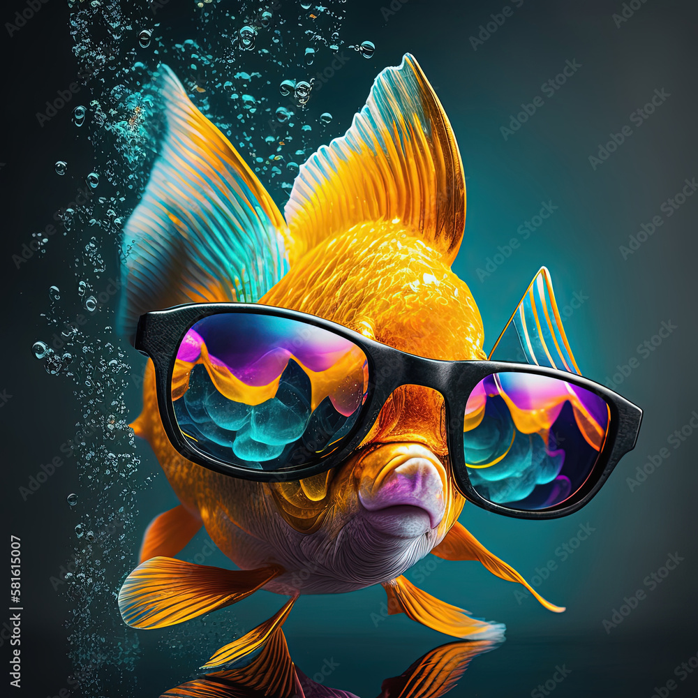 Neon goldfish in sunglasses. Pop art style fish portrait Stock