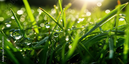 Large water drops of dew with reflecting sun on stem of green grass on light green background with bokeh. Beauty and purity of environment.