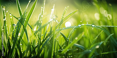 Large water drops of dew with reflecting sun on stem of green grass on light green background with bokeh. Beauty and purity of environment.