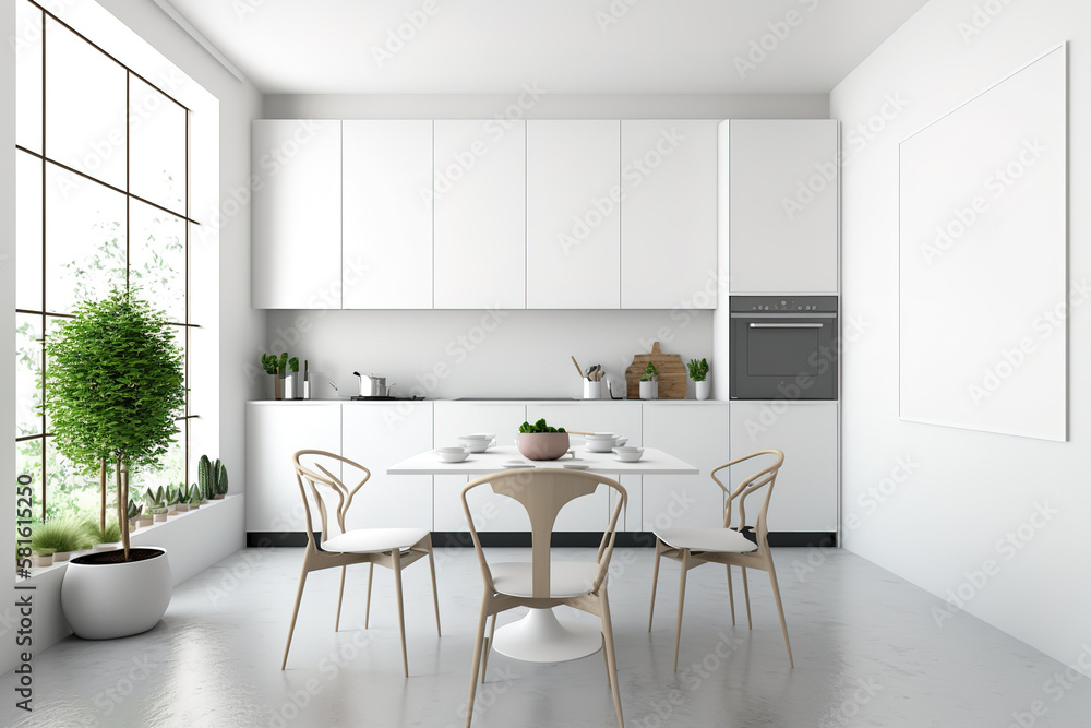 Front view of a light kitchen room interior with a white wall, a window ...