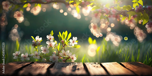 Spring Elegance. Cherry Blossom Branch on a Wooden Table. Delicate Beauty AI Generative. 