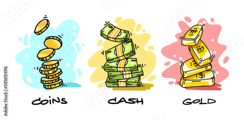 Set of doodles hand drawn money. Coins bundles with bank notes and gold bars falling down. Financial theme draft sketches Isolated on white background. Vector illustration