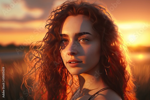 Portrait of a woman with curly hair in the sunset. Made with Generative AI