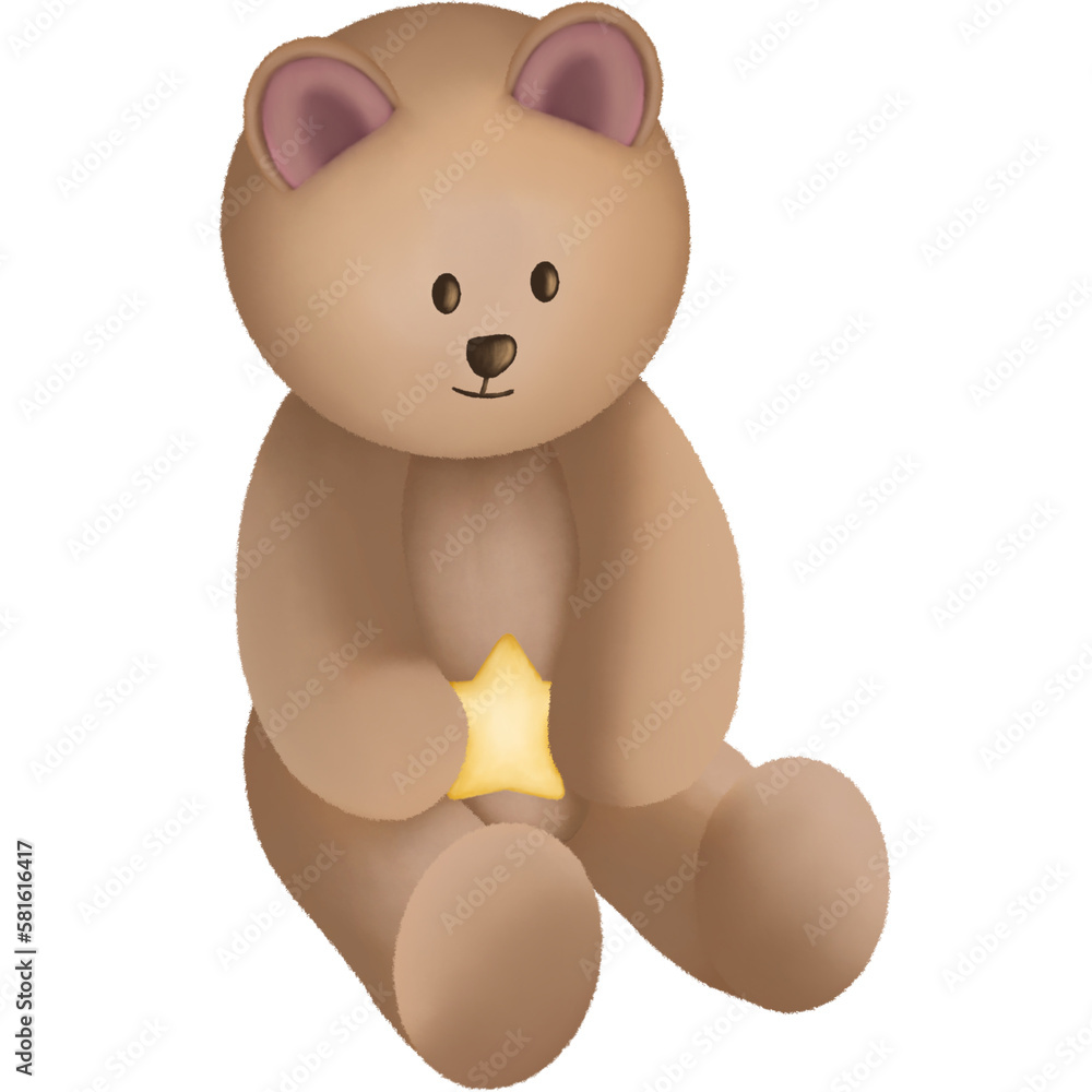 Fototapeta premium Teddy bear holding golden star clipart. Watercolor animal illustration isolated on transparent background.