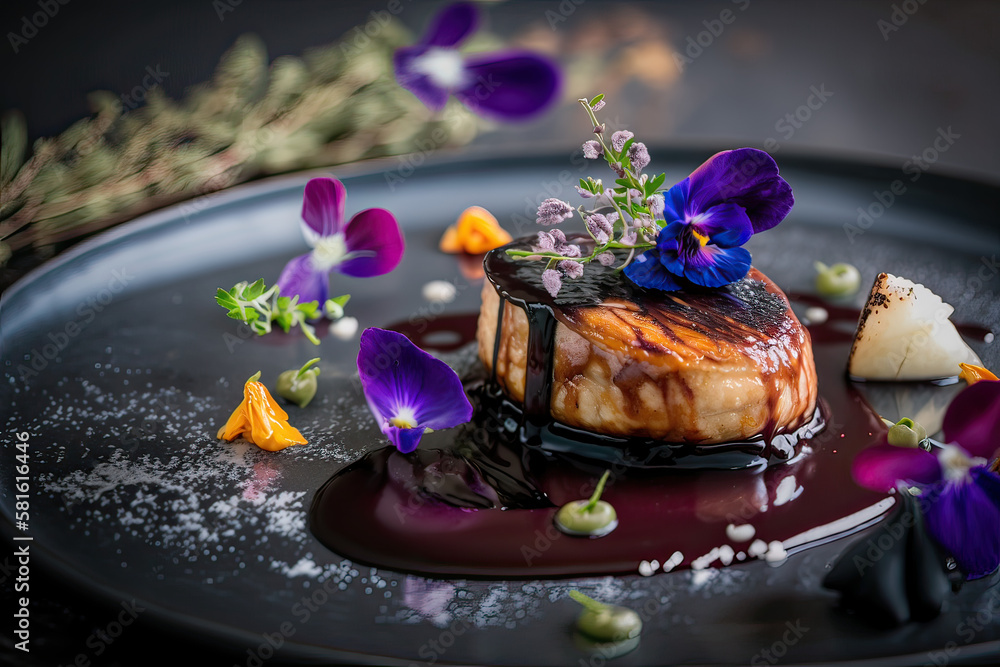  Gourmet foie gras dish with a rich red wine reduction and caramelized pear, garnished with edible flowers and a sprinkle of sea salt, served on a sleek black slate AI GENERATIVE - obrazy, fototapety, plakaty 