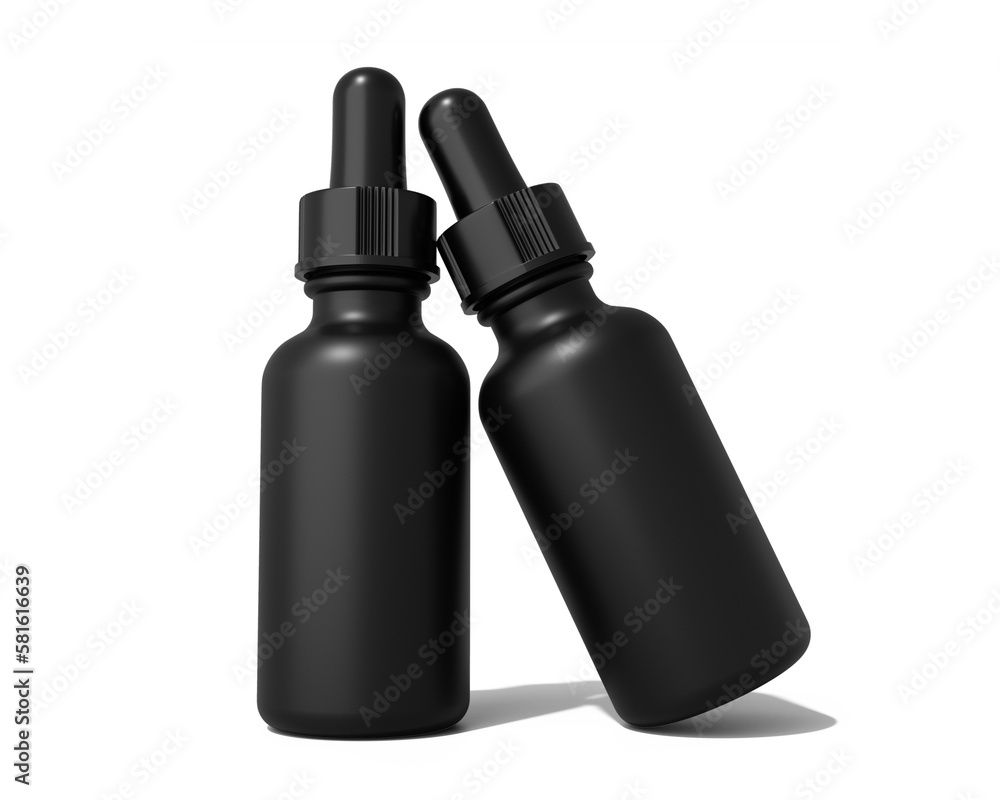 Blank Black matte plastic dropper bottle packaging isolated on transparent background, prepared for mockup, 3D render. Blank Black matte plastic dropper bottle packaging isolated on transparent background, prepared for mockup, 3D render.