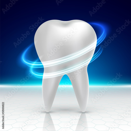 Healthy fresh tooth under protection in a modern futuristic environment. Artificial tooth implant. Teeth care  whitening  cleaning  healing. 3d realistic vector illustration.