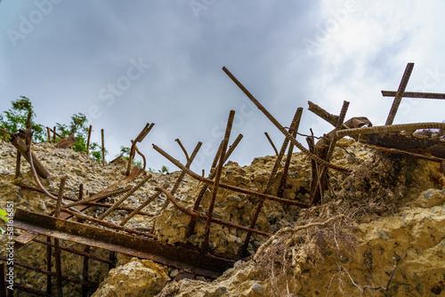 Shelter ruins. Abandoned secret nuclear bunker. Cold War command post, object 1180. Background photo