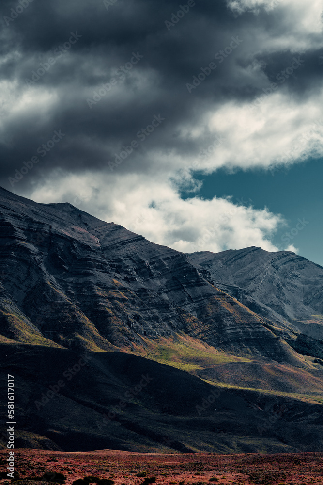 Folding Layers of Mountain Range, Geological Event, Patagonia, Moody Day, Mountain Folds, Vertical Shot