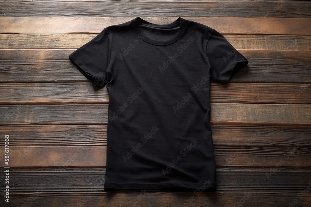 Black t-shirt in top of floor with Generative AI - obrazy, fototapety, plakaty 