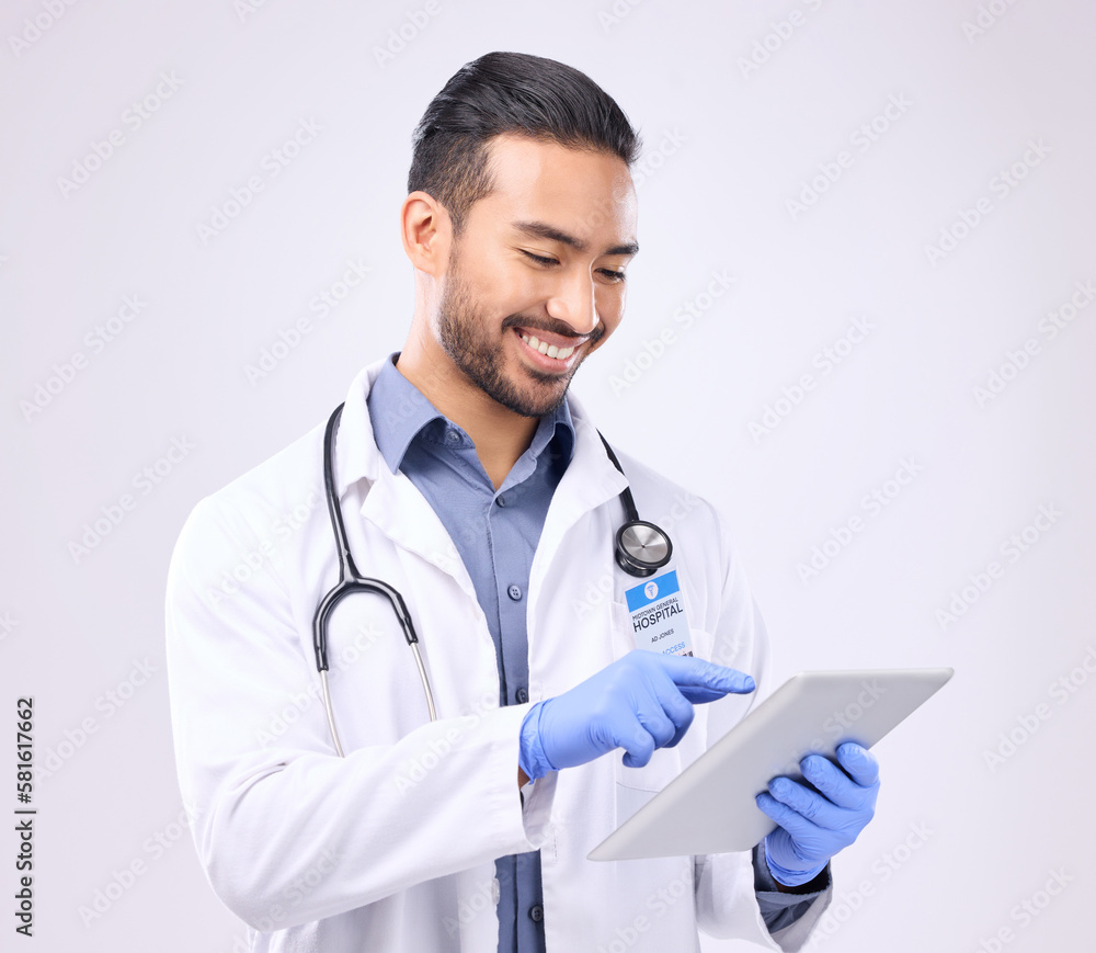 Mockup, man and doctor with tablet, healthcare and success against a grey studio background. Male employee, medical professional and consultant with device, research and website for online reading Mockup, man and doctor with tablet, healthcare and success against a grey studio background. Male employee, medical professional and consultant with device, research and website for online reading